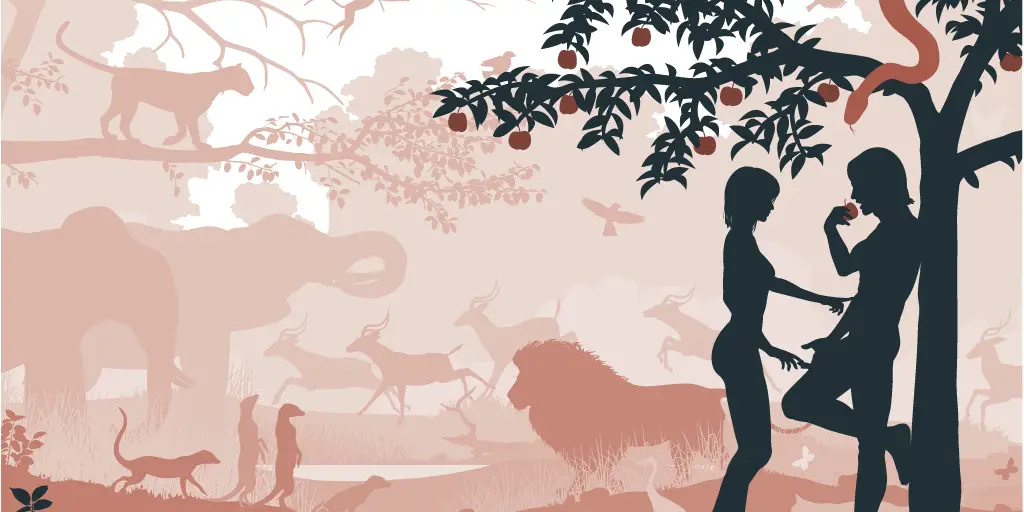 An artistic digital drawing of adam and eve eating the forbidden fruit. They rest against the fruit tree with a snake above them.